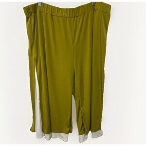 Kozan Wide Leg Pull On Pants Womens Size 3X Green White Layered Lagenlook Artsy